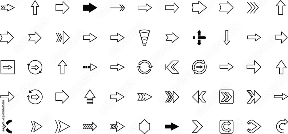 Aufkleber vector art of collection of various black arrow icons isolated on white background, representing dif