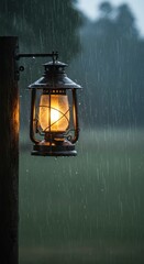 Rusty lantern lights rain