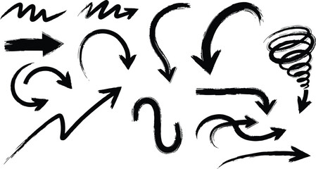 Vector art of a set of handdrawn black arrows with a brushstroke effect indicates various directions and movements, adding a touch of grunge to the design
