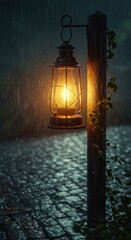 Old lantern glows in rainy path