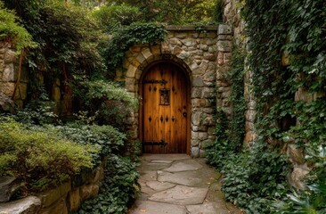 Fototapeta premium Enchanting wooden door nestled within a stone archway and surrounded by lush greenery evokes a sense of mystery and fairytale wonder.