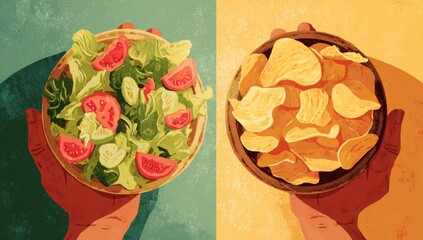 A visual representation of healthy versus unhealthy food choices offering a stark contrast between fresh salad and processed potato chips.