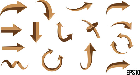 Vector art of collection of brown arrow icons, each pointing in various directions and shapes, isolated on white background