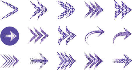 Vector art of various purple dotted arrow icons indicating different directions and movements isolated on white background