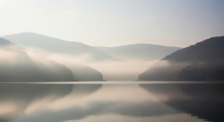 Fototapeta premium Serene Morning at Mountain Lake with Fog