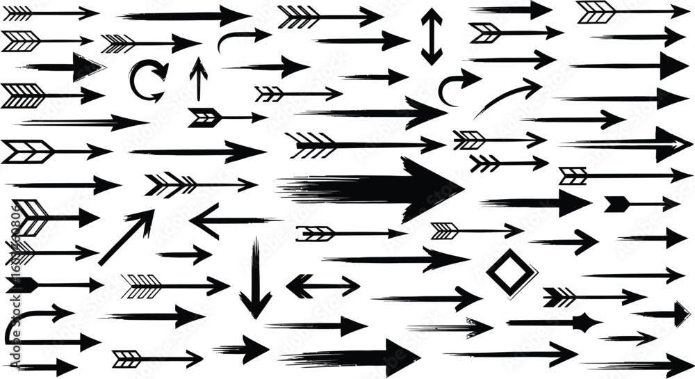 Poster vector art of a diverse collection of black arrow vectors isolated on white background, showcasing v
