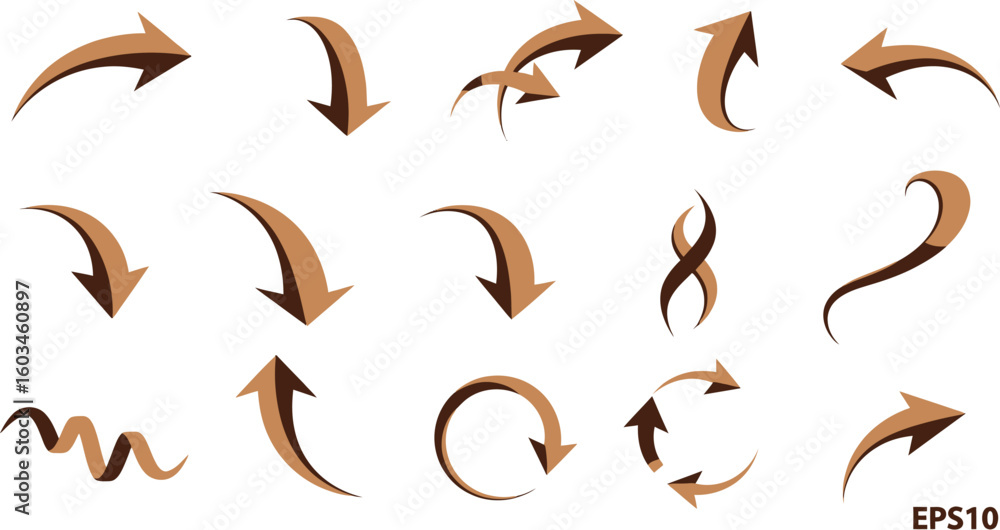 Poster vector art of a set of brown curved arrow vectors isolated on white background, illustrating various