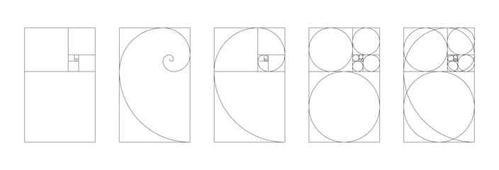 Vertical Fibonacci numbers array set of 5 elements. Template of golden ratio harmony proportions. 