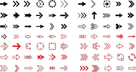 Vector art of an assortment of black and red arrow vectors isolated on white background, showcasing various styles and directions for graphic design and wayfinding applications