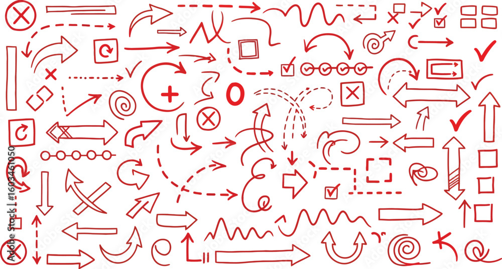 Aufkleber vector art of a chaotic array of handdrawn red arrows and symbols, isolated on white background, rep