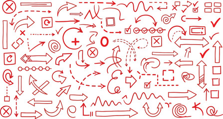Obraz premium Vector art of a chaotic array of handdrawn red arrows and symbols, isolated on white background, representing a diverse range of directional indicators and annotations for graphic design