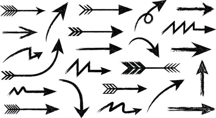 Vector art of a diverse set of handdrawn arrows isolated on white background points in various directions, offering a range of stylistic choices for design and navigation