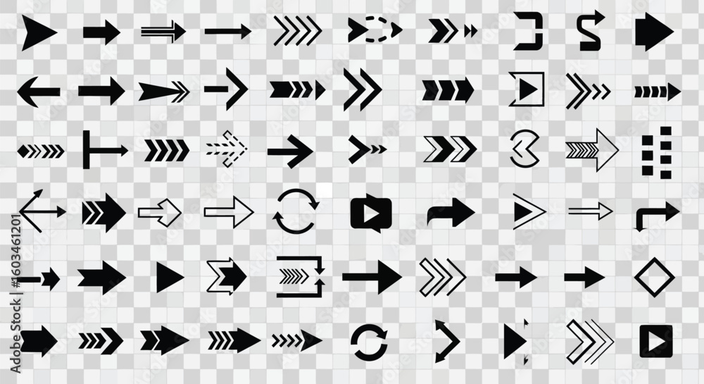 Aufkleber vector art of diverse set of black arrow icons indicating direction and navigation on a transparent 