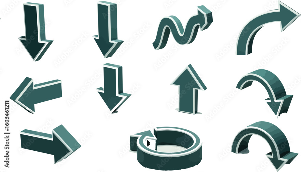 Poster vector art of collection of 3d blue arrow icons pointing in various directions on a white background