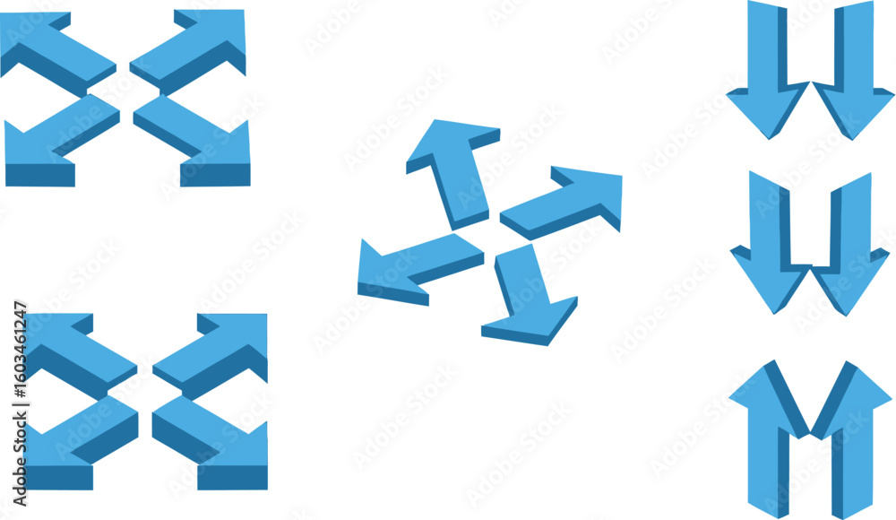 Poster vector art of a set of five isometric arrow designs pointing in various directions, including up and