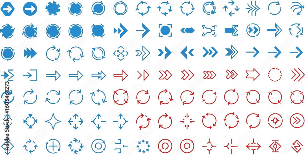 Poster vector art of a comprehensive set of arrow designs pointing in various directions, including right, 