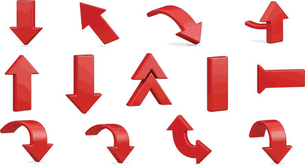 Vector art of collection of red 3d arrow icons pointing in various directions on a white background