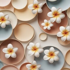 Obraz premium White Plumeria Flowers on Pastel Circles Background yellow orange