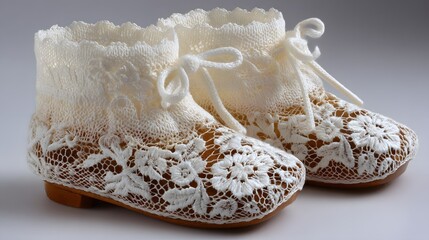 Delicate, lace-adorned booties for infants.