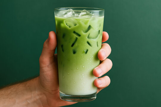 Hand holding refreshing iced matcha latte with milk, bright green layered beverage against solid dark green background