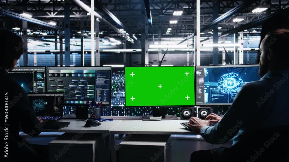 Poster data center engineer working on neural network software development on green screen pc. server room 