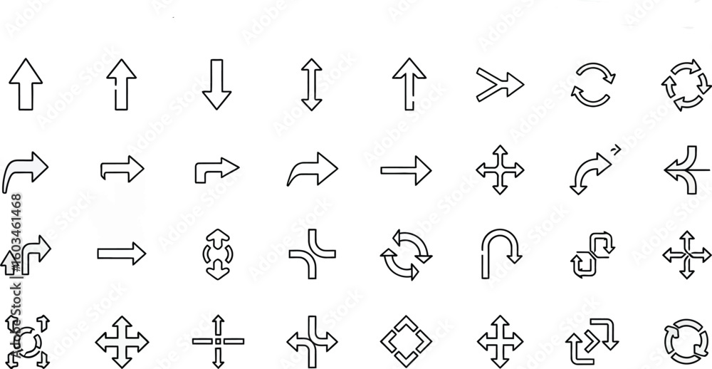 Aufkleber vector art of a collection of thin line arrow icons isolated on white background indicates direction