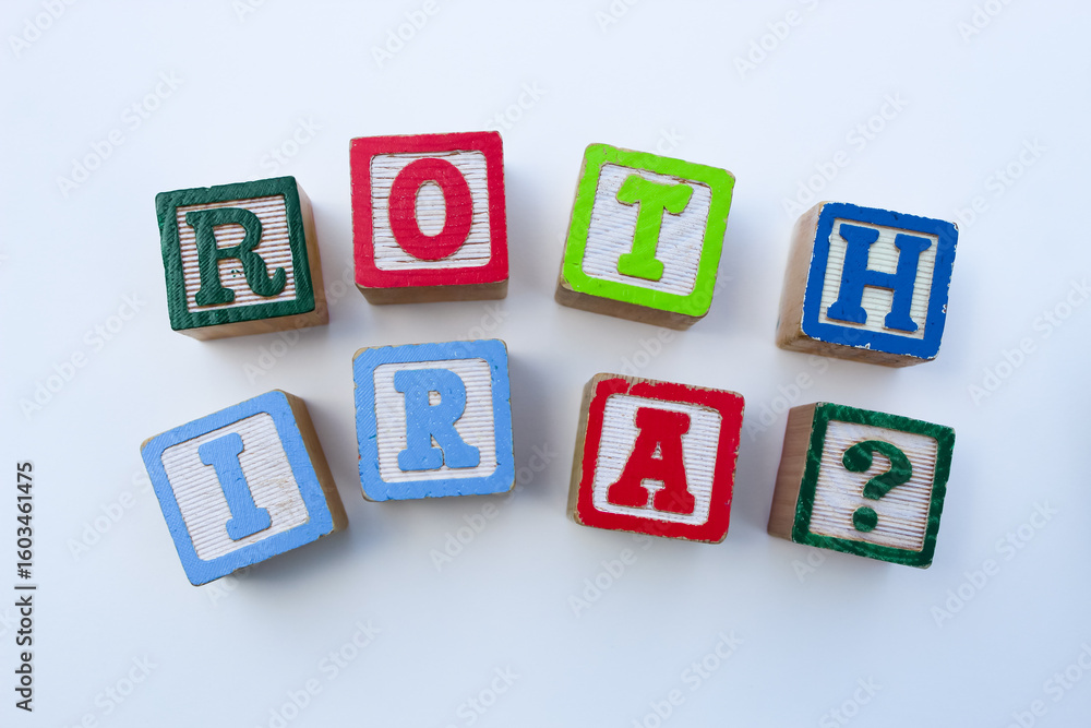 Fototapete roth ira building blocks design element for financial literacy concept. retirement savings backgroun