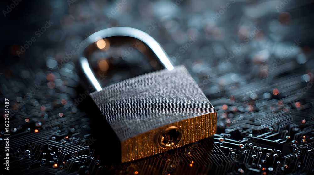 Poster a padlock representing cyber security and data protection, symbolising safe and secure digital envir