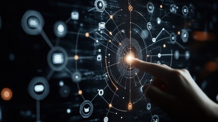 Hand interacting with digital network graphic