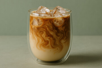 Refreshing iced coffee latte with swirled milk served in double walled glass, chilled drink with ice cubes on minimalist background