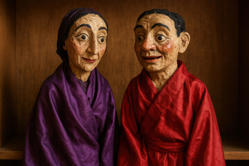 Naklejka premium handcrafted papier mache elderly couple figurines in colorful robes displayed against wooden background