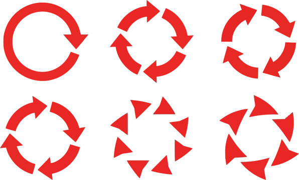 Vector art of a set of red circular arrows isolated on white background indicates cyclical processes and directional flow