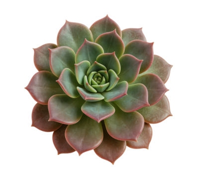 Stunning top-down view of a green and red Echeveria succulent with symmetrical leaves in a perfect rosette shape, Isolated on Transparent and White Background