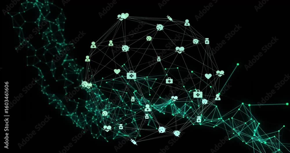 Poster pulsing teal lattice feeding nodes into wireframe sphere rotating, filling icons showing data flow