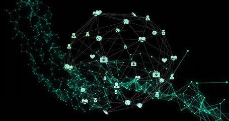 Pulsing teal lattice feeding nodes into wireframe sphere rotating, filling icons showing data flow