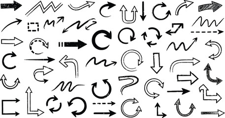 Vector art of a diverse array of handdrawn arrows pointing in various directions on a white backdrop