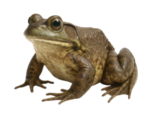 A majestic, life-like American Bullfrog, Lithobates catesbeianus, sitting attentively. Isolated on Transparent and White Background