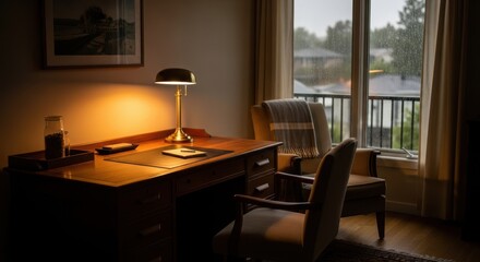 Fototapeta premium Desk Lamp on Wooden Table with Notepad and Pen