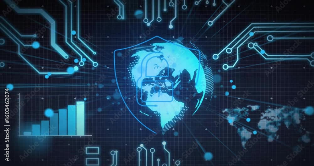 Poster drifting data starting globe rotating chart rising padlock and shield forming representing security