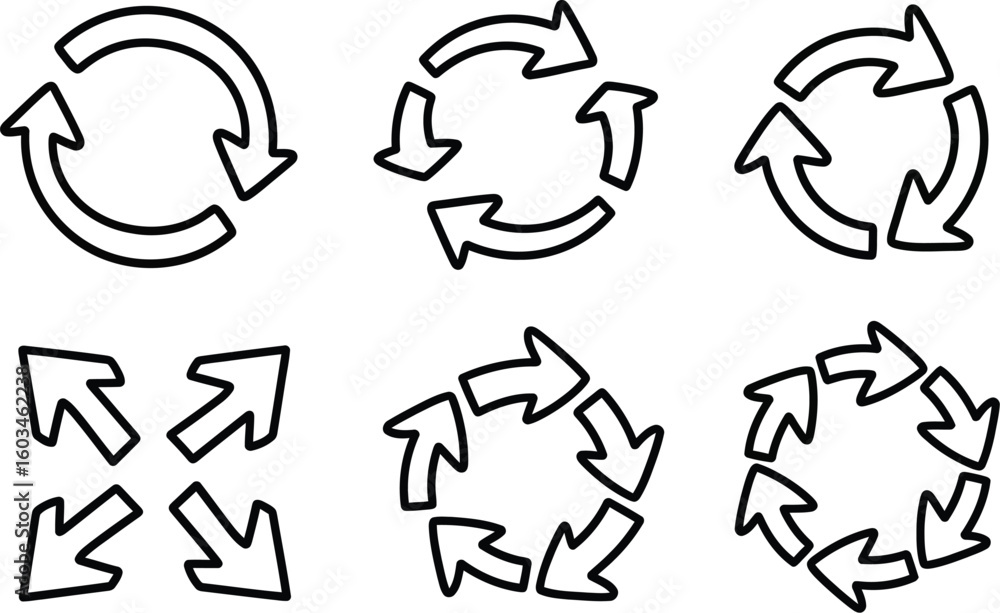 Poster vector art of a collection of six black and white arrow illustrations isolated on white background, 