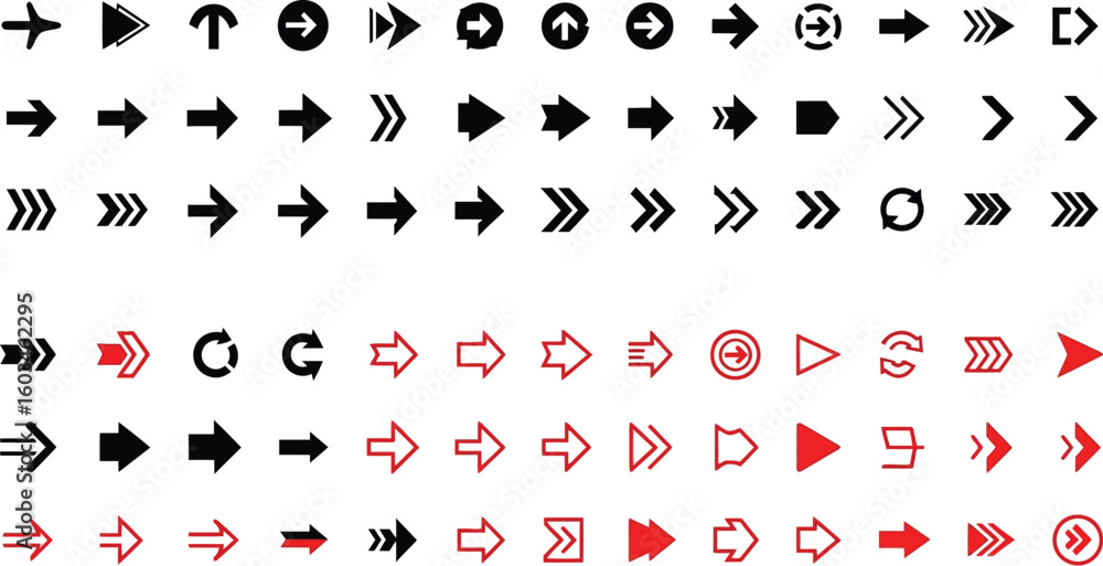 Aufkleber vector art of a diverse collection of black and red arrow vector icons isolated on white background,