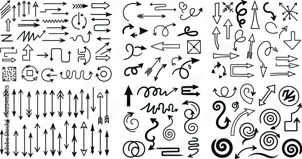 Poster vector art of a diverse set of handdrawn black arrow vector icons, illustrating various directions a