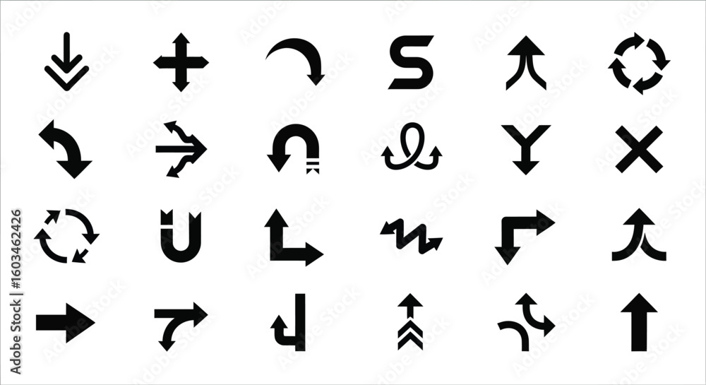 Aufkleber vector art of a collection of black arrow vector icons, showcasing diverse directions and styles, pe