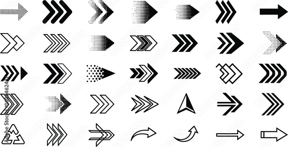 Poster vector art of collection of various black arrow shapes and directions isolated on white background, 