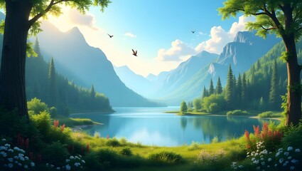 Serene Mountain Lake Landscape