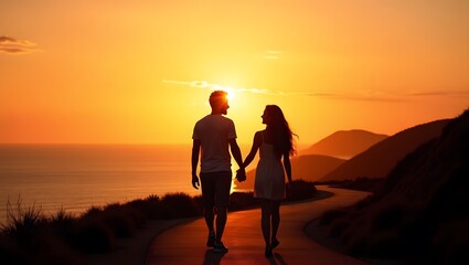Silhouette Couple Sunset Walk