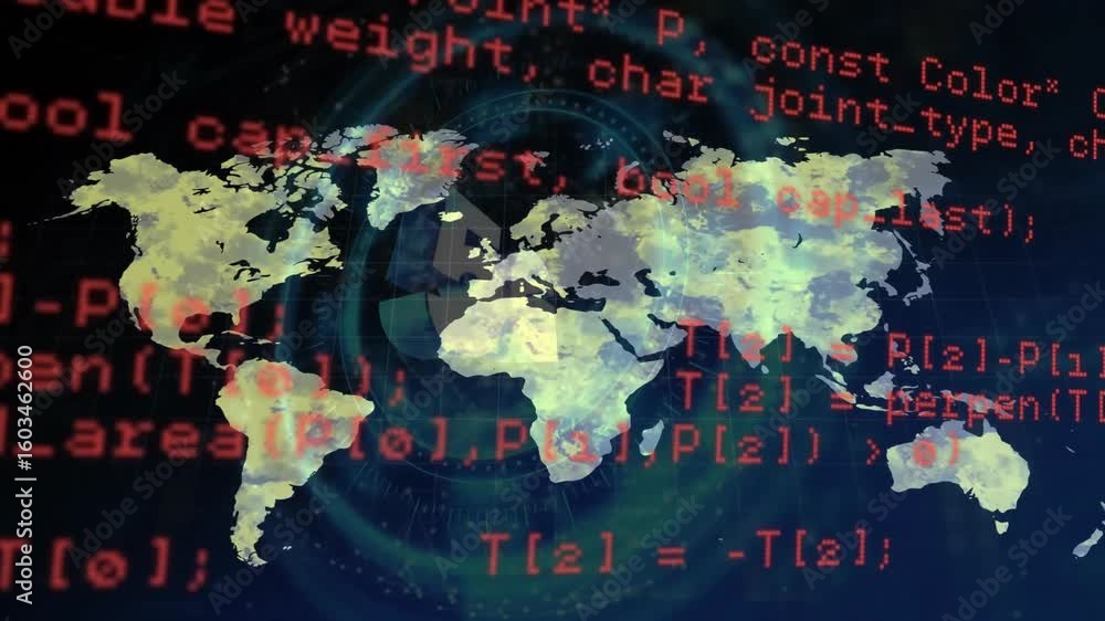 Poster opening grid backdrop showing world map with red code scrolling and hud rings pulsing