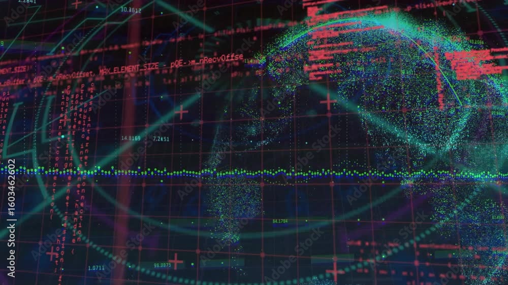 Poster Turquoise curves arcing red grid activating code clusters, dotted globe emerging visualizing data