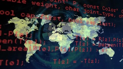 Opening grid backdrop showing world map with red code scrolling and HUD rings pulsing - Powered by Adobe