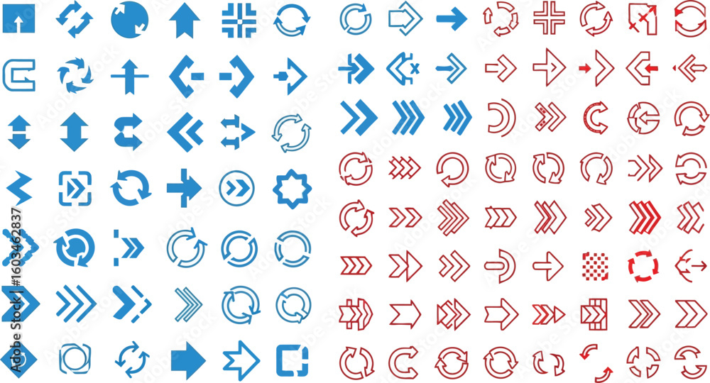 Poster vector art of a diverse set of blue and red arrow icons for navigation and design, isolated on white